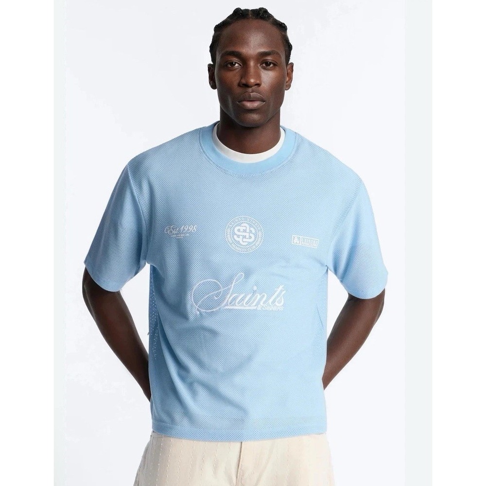 SAINTS Studio Men's Blue Mesh Shirt Logo Crew Neck Short Sleeve Tee Size M